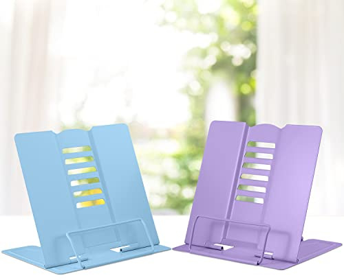 Buchstützen, Leseständer Kochbuchhalter 6 Stufen Verstellbar Metall Faltbar Multifunktions Rutschfest Kinder Buchständer für Küche Arbeitszimmer Büro Schule These(Violett+Hellblau)