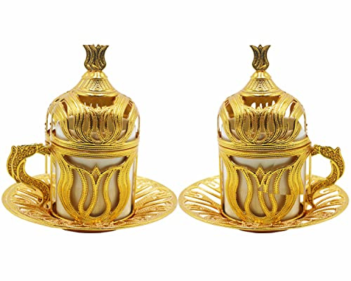 Whitewood 2 pcs Gold Color Casting Turkish Coffee Cups - 58ml/2.1 oz - Espresso Cappuccino Cup with Inner Porcelain Metal Holders Plate and Lids - 2 Cups Consists of 8 Pcs - Best Gift Set