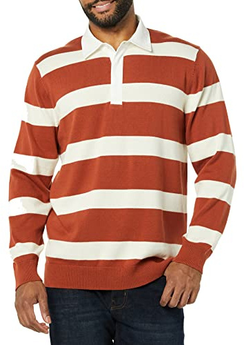 Amazon Essentials rugbytröja för män, kastanjebrun rand, Large