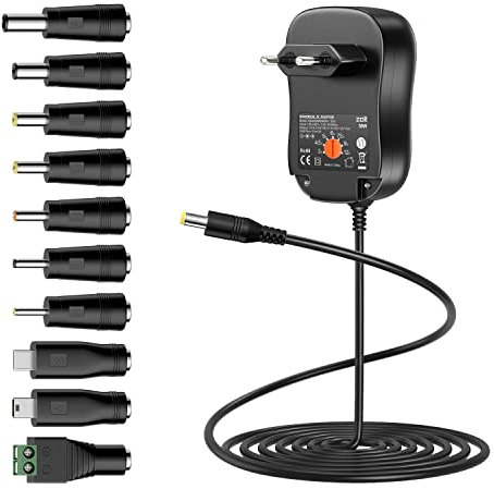 Zolt Adattatore Universale da AC DC 3V 4,5V 5V 6V 7,5V 9V 12V 2A Alimentatore Switching con Porta USB da 5V 2A e 10 Connettori DC