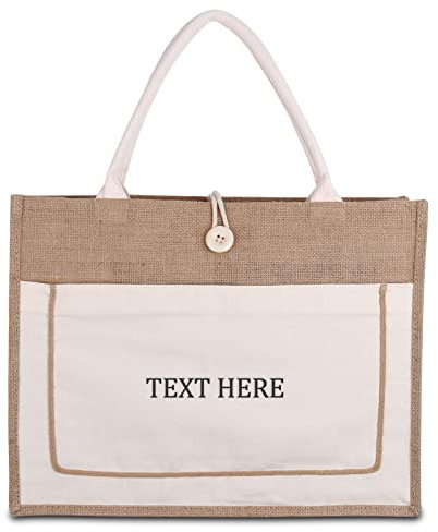 Sinseike Personalisierte Jute Einkaufstaschen Bestickt Text,Jute Strandtasche mit Ihr Wunschtext,Wiederverwendbare Natürliche Jutetaschen (Größe L)