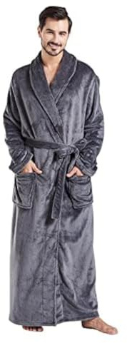 FashGudim herrbadrockar stora och stora full längd plysch fleece lång rock halsduk krage varm vinter män badrock, GRÅ, 4XL