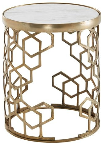 Wohnling Beistelltisch Echter Marmor Weiß 46x46x55 cm Anstelltisch Metall Gold, Kleiner Sofatisch Rund, Wohnzimmertisch Couch Modern, Couchtisch Hoch