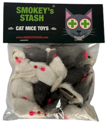 Smokey's Stash Rabbit Fur Mouse Cat Toy 12 per Pack White and Gray Fuzzy Toys for Cats with Rattle Realistic Fake mice (12)