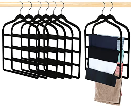 Trouser Hangers,Space Saving Hangers,Trouser Hangers Space Saving Non-Slip Pants Hanger-4 Pack Jeans Hangers Multi Bar Velvet Clothes Hanger Closet Organizers Storage for Pants,Scarf,Towel,Ties (6)