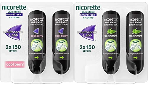 Nicorette Quickmist SmartTrack and Cool Berry Nicotine Mouthspray, 2 Units x 150 Sprays & QuickMist SmartTrack 1 mg/Spray, Nicotine Freshmint 2 x 150ml