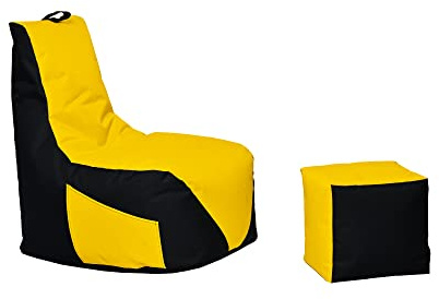 Momiralland Gaming Sitzsack - mit Lehne Sitzkissen - Beanbag - mit Reißverschluss - BodenKissen Sessel In- & Outdoor geeignet - Gaming mit PC Xbox & PlayStation (Schwarz - Gelb, Sitzsack + Hocker)