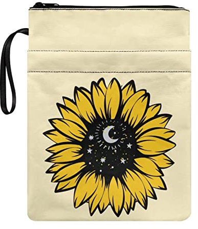 HUIACONG Sonnenblumen-Mond-Stern-Buchhülle mit Reißverschluss und Tasche, Buchhülle für Frauen und Mädchen, Buchhüllen 21,6 x 29,6 cm, Buchhüllen für Bibel-Bibliothek-Tagebuch