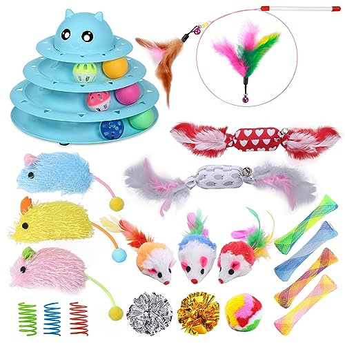 UPSKY 24 PCS Cat Toys, 3-Level Turntable Kitten Toys Set, Interactive Cat Roller Toys for Indoor Cats, Catnip Toys, Cat Teaser Toys, Mice Toys, Spring Toys, Various Ball Toys for Kitty