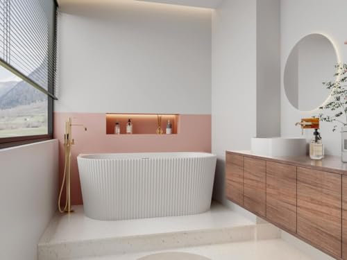 Vente-unique-Halb freistehende Badewanne - gerippt - 206 L - 149 x 75 x 58 cm - Acryl - Weiß glänzend - ZELINA