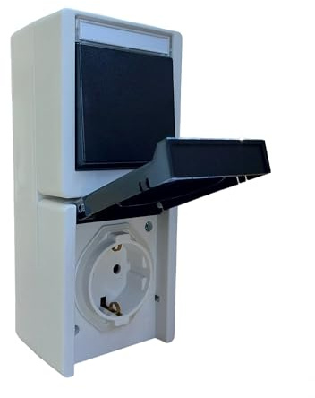 N&L Aufputz Kombination senkrecht – IP55 – Strahlwassergeschützt - Steckdose & Aus-/Wechselschalter – Ideal für Keller, Garage und Garten – Made in Germany – weiß/schwarz
