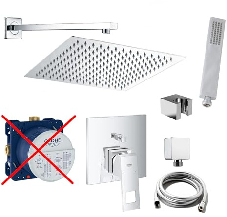 vanvilla Duschsystem Unterputz mit Duscharmatur Grohe poliert G15-ob | Duscharmatur von Grohe Eurocube Einhebelmischer und vanvilla Regendusche Duschkopf eckig, Dusch-SET poliert
