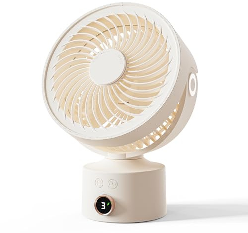 CARONSORT Desk Small Oscillating Fan for Bedroom, 9 Inch Table Fans Quiet,Desk Air Circulator Fan with 3 Speeds, 4H Time, Rechargeable Fan for Office/Dorm/Room-Beige