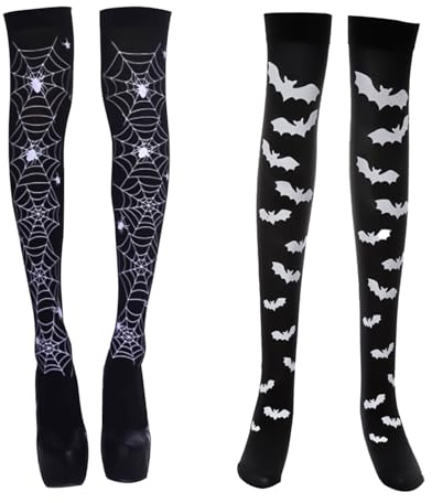 JNAWA 2 par spindelnät och fladdermus lång strumpa halloween över knäna strumpor cosplay utklädnad maskerad tillbehör för kvinnor flickor accessoarer, flerfärgad, one size