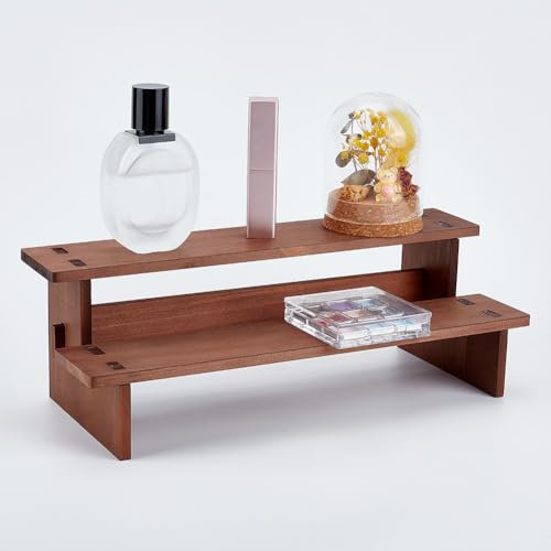 NBEADS 2 livello Legno Display Riser, 11.9x29.6x9.6cm Alzate Piccoli Alimenti Da Tavolo Color Cammello Espositori Cosmetici Organizer Profumi per La Collezione di Figure