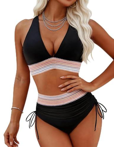 HUXRAKV Ensembles Maillots Deux pièces pour Femmes Rembourré Maillot de Bain de Plage Epissure de Sangle à la Taille Haute Triangle Bikini Set,D-Noir,XL