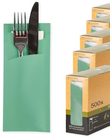 serviettendirekt.de ALLES FÜR DEN GEDECKTEN TISCH Bestecktaschen Prime Fit in Eukalyptus 85 x 190 mm, mit weißer Tissue Serviette 500 Stück Besteckhülle Tasche für Besteck