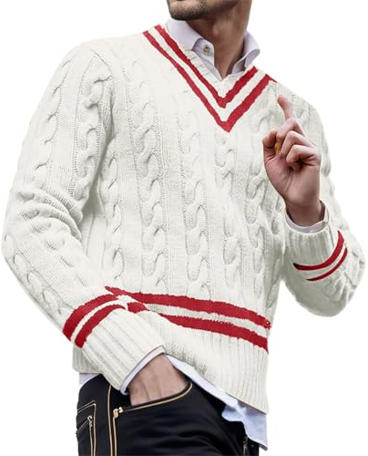 Duohropke Jersey para hombre con cuello de pico, suéter para hombre, diseño trenzado, suéter de punto a rayas, cálido punto fino, cuello alto, jersey de punto grueso, Blanco, XL