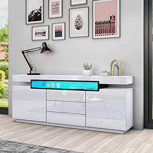 Komtopod White Sideboard 160cm for Living Room Kitchen Cupboard Storage Cabinet High Gloss with 2 Doors 3 Drawers and LED Lighting TV Stand Unit Furniture Home Units