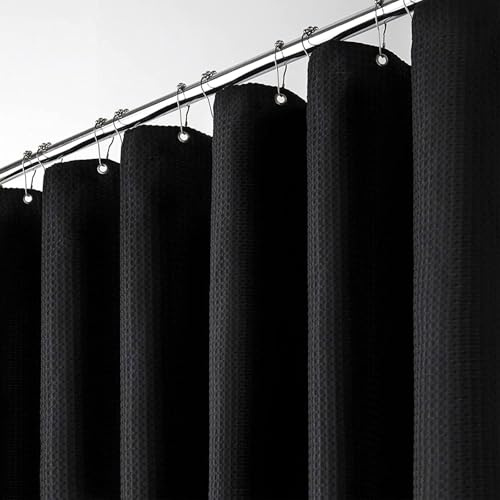 BTTN Duschvorhang Waffelstruktur 120x200 cm schmaler Anti-Schimmel, Schwarz | 8 Plastikhaken, Rückseitig Laminiert Wasserdicht, Waffelstruktur, Anti-Schimmel, Beschwerter Saum, Waschbar Textil Stoff