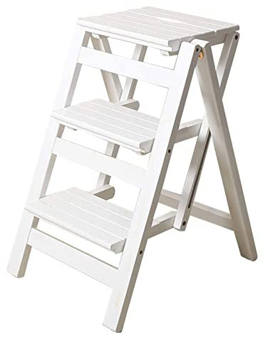 OUZVI 3 Step Stool Home Wooden Folding Ladder Chair Thickened Library Stair Chair Portable Garden Tool Ladder - Maximum Load 120KG (White)