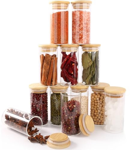 FoiiLiio Set da 12 Barattoli Spezie - 150ml Barattoli per Spezie con Coperchio in Bambù, Contenitori Spezie per Cucina Ermetici, Trasparente Vasetti Spezie con Etichette - Lavabili in Lavastoviglie