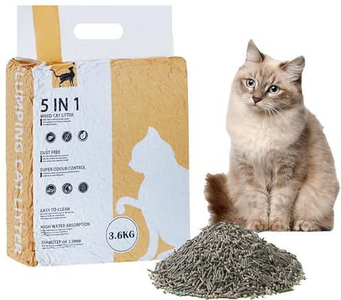 Suhaco 5-in-1 gemischtes klumpendes Katzenstreu, staubfrei, natürlich spülbar, geruchsfrei, Aktivkohle, Ultra-saugfähig und schnell trocknend, Katzenstreu für Katzentoilette, 3,6 kg/Packung (1 Pack)