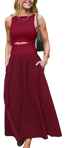 CUPSHE Vestido de verano para mujer, formal, sin mangas, cuello redondo, bolsillos recortados, casual, acampanado, maxi vestido, Borgoña, M