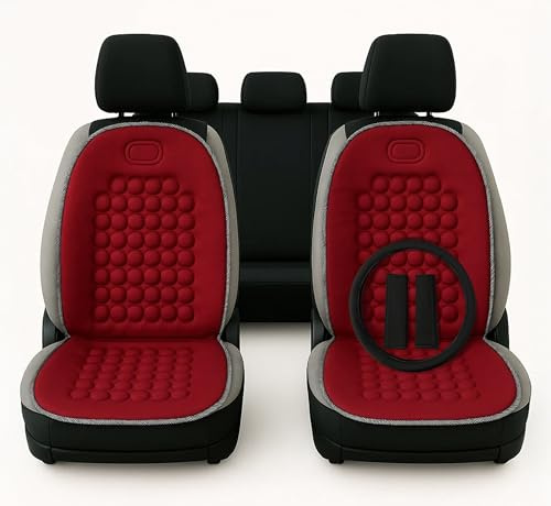 Auto Accessori Lupex Paire de dossiers universels, housses de siège avant, kit de 2 pièces avec 92 sphères massantes pour sièges de voiture, camion, autobus, chaise de bureau (Rouge + Couvre-volant et