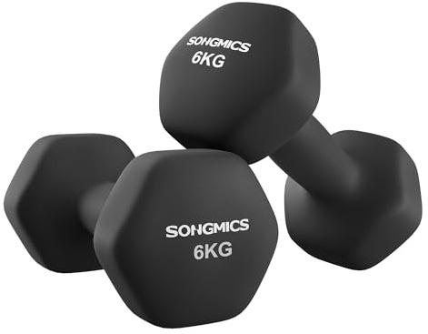 Songmics Hantlar, set om 2, 2 x 6 kg, hantelset, hantlar, hexagon, neoprenbeläggning, styrketräning, träning, fitnessträning, för hem, bläcksvart SYL160B01