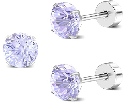 ZDE Titanium Femmes Flatback Boucles d'oreille AAAA + Cubique Zirconia Argent CZ Simulé Diamant Boucles d'oreille Stud Hypoallergénique Cartilage Boucle d'oreille 6mm (Purple CZ)