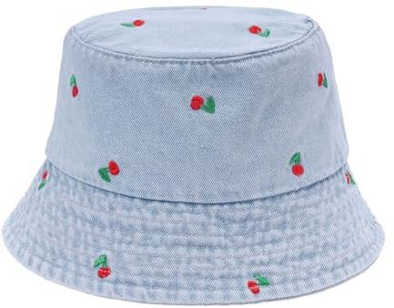 MILAKOO Fischerhut Damen Kirsche Embroidered Fischerhüte Baumwolle Denim Sonnenhut Sommer Strand Eimer Hut für Unisex