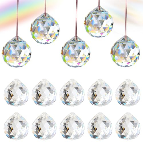 15 Stück Kristalle zum Aufhängen Sonnenfänger Kristall Fenster 30mm | Lichtfänger Sun Catcher Kristallglaskugeln Kristall Glas Prisma mit Loch für Hochzeit Zuhause Buero Leuchter Dekoration