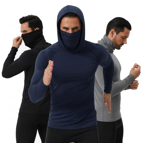 3 Pack Mens Sun Protection Fishing Hoodie with Face Mask UPF 50+ Long Sleeve Compression Work Shirt Construction Quick Dry (US, Alpha, Large, Regular, Regular, Black+Blue+Grey)