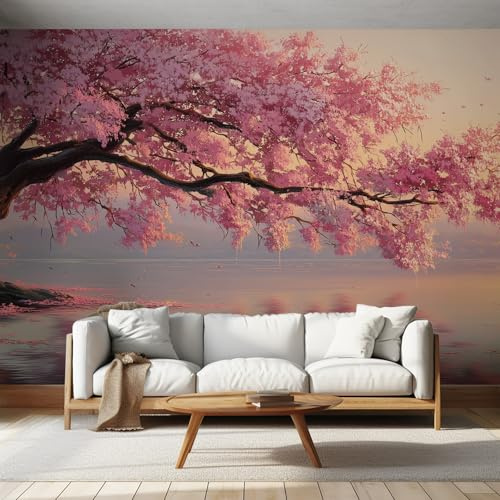 Générique Papier Peint Panoramique Aquarelle Fleurs de Cerisier, Papier Peint Floral Rose Japon Oriental Asiatique, Fresque Murale, Decoration Chambre Salon, 500 x 260 cm &MD195