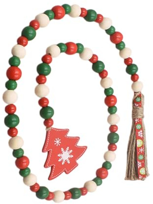 HEALEEP Rustikale Holzperlen Girlande Weihnachtsdeko mit Roten Baumanhängern Handgefertigte Holzperlengirlande für Festliche Wand und Baumdekoration Landhausstil Weihnachten Party Zubehör