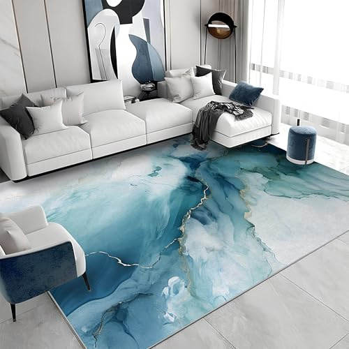 buyluhn Waschbarer Kurzflor-Teppich 140x200 - Marmor Blau Teppiche - Abstrakt Dünn Saugfähig Carpet Für Wohnzimmer Schlafzimmer Jugendzimmer Jungen Mädchen Oder Als Bettvorleger S&1300