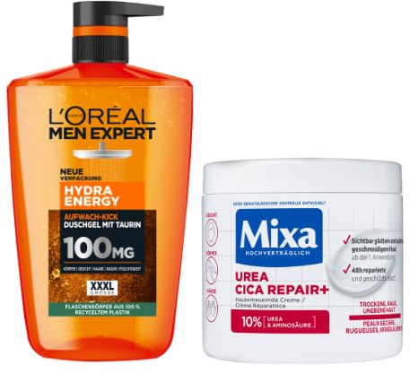 Männer-Power-Duo: L'Oréal Men Expert Hydra Energy 1L Duschgel für den täglichen Aufwach-Kick & Mixa Urea Creme für sichtbar erneuerte Haut, belebende Frische und intensive Hautregeneration