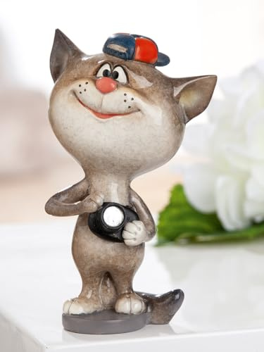MF Dekofigur SnapCat, Katze mit Kamera, Grau-Schwarz, 13,5 cm, Poly-Material Fotograf Geschenkidee Geschenkde Schenken