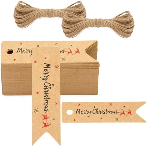 100 Stück Klein Frohe Weihnachten Geschenkanhänger aus Kraftpapier & 100 Jute-Seile, Geschenkanhänger Weihnachten, Etiketten Weihnachten zum Beschriften für Geschenke, Flaschen, Adventskalender Deko