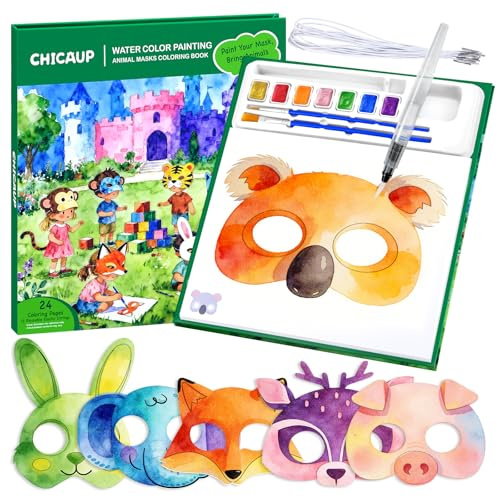 Animal Masks Paint with Water Coloring Books for Kids, 24 Pcs Paper Mache Masks Half Face, Jungle Zoo Animals Cartoon Masks, Mess Free Watercolor Painting Kit Painting Activity for Kids Ages 3-5 4-8 for Birthday Party Halloween Gifts