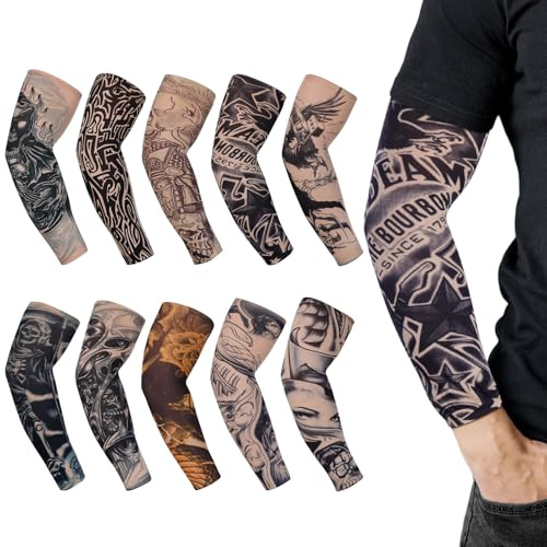 AOOSA 10 Piezas Mangas de Tatuajes, Mangas para Brazos Proteccion Solar, Tatuajes Temporal para Hombres para Fiesta de Disfraces Deporte Running Bicicleta Voleibol