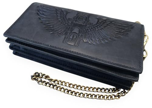 MDM Portefeuille Biker avec protection RFID, en cuir véritable, gaufré moteur et aile, 12 emplacements pour cartes, poche zippée, avec chaîne en métal, 17 x 10 x 3,5 cm, Noir , 10.0 X 12.5 X 2.5