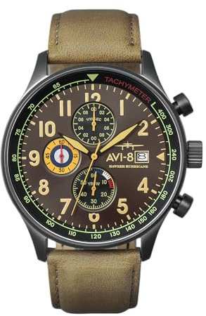 AVI-8 Herren 42mm Hawker Hurricane Classic Chronograph Dark Earth Japanische Quarz-Fliegeruhr mit Lederarmband AV-4011-0E