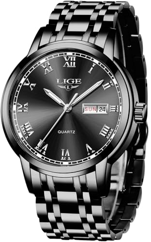 LIGE Montre Homme, Montres Bracelet Analogique à Quartz, Acier Inoxydable Etanche 3ATM, Fonction Calendrier, Aiguilles Lumineuses Affichage, Mode Assortissement Business Décontracté, Noir