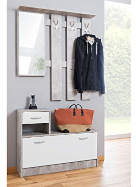 möbelando Garderobe Minigarderobe Garderobenprogramm Kompaktgarderobe Flurmöbel Renton I Strukturbeton/Weiß