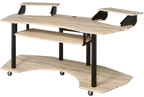 Acme 71 Inch Music Recording Studio Computer Gaming Desk with Wood Storage Keyboard Tray, Wing Shaped & 2 Stands Tray & Botton Shelf Metal Frame, Casters Included, Easy Assembly, Natural Oak Finish