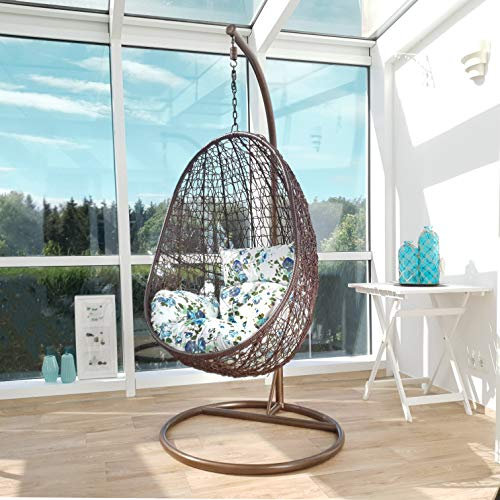 Kideo® Komplettset: Hängesessel mit Gestell und Sitzkissen, Lounge-Möbel, Polyrattan, Swing Chair, Rattanmöbel, Lounge (braun/weiß, türkis, geblümt)