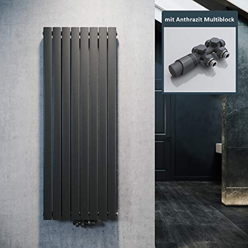 ELEGANT Design Heizkörper Flach 1600x616mm mit Anthrazit Multiblock Thermostat Flachheizkörper Anthrazit Einlagig Vertikal Heizkörper Mittelanschluss