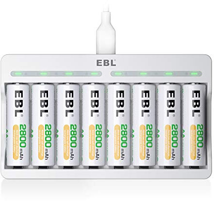 EBL 8 Slot Caricabatterie Indipendente per AA & AAA Batterie Ricaricabili, 9010 Caricatore con LED Indicatore + 8 pcs 2800mAh AA Pile Ricaricabili
